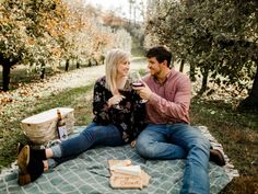 a man and woman sitting on a blanket holding wine glasses