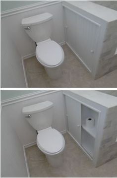 two pictures show the same toilet in different rooms