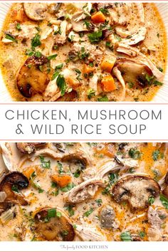 chicken, mushroom and wild rice soup in a white bowl with the title above it