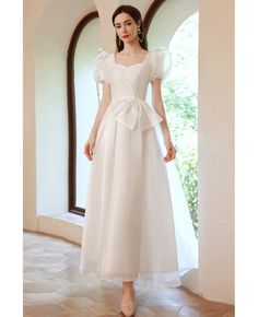 Elegant White Square Neck Formal Party Dress with Bubble Short Sleeves Wholesale #T74070 - GemGrace.com Puff Sleeve Dress Formal, Sleeve Dress Formal, White Gown Dress, White Prom Dress Long, Fav Outfit, Tea Length Prom Dress, White Tulle Dress, White Evening Dress, Formal Dresses With Sleeves