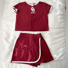 University Of Oklahoma Kids Outfit, Tee & Skort, Maroon/White, Nwt - Never Been Worn Sporty Cotton School Sets, White Short Sleeve School Sets, White Cotton School Spirit Sets, Sporty Red Sets For Spring, White Stretch Playwear Sets, Neon Inspiration, Juicy Couture Clothes, Little Mermaid Outfit, Suspenders Outfit