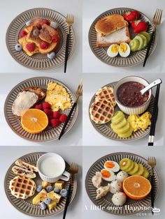 four plates with different types of breakfast foods on them, including waffles and fruit