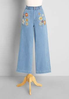 Fleur Jeans Outfit, Orange And Blue Clothes, Embroidered Jeans Flowers, Mid Size Colorful Outfits, Unique Jeans For Women, Quirky Aesthetic Outfit, Fruit Jeans, Cool Pants Women, Outfits With Flowers