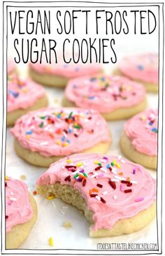 vegan soft frosted sugar cookies with sprinkles on top and in the middle