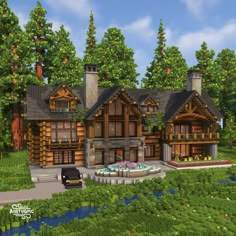 Large Minecraft House Ideas, Minecraft Houses Two People, Minecraft Modern Farmhouse, Minecraft Couple House Ideas, Big Spruce House Minecraft, Minecraft Cabin Mansion, Minecraft Driveway, Minecraft Lodge House, Big Minecraft Houses Blueprints