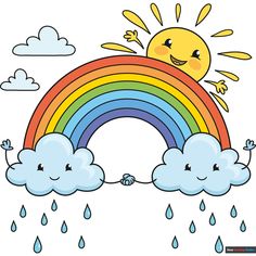 How to Draw a Cute Rainbow and Clouds Rainbow Cartoon Images, Drawing Rainbow Ideas, Rain Bow Drawing, Ukg Class Drawing, Rainbow Scenery Painting, Rainbow Cute Drawing, Easy Rainbow Drawing, Rainbow Scenery Drawing For Kids, Rainbow Cloud Drawing