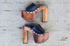 Rare Vintage 1970s Leather Platform Mules. Amazing rare 70s wooden platforms with leather. Straight out of the 70's. In excellent vintage condition. Best fit Euro 38-39 Measurements- Length- 24cms l 9.5' inches Width (measured at ball of foot)- 8cms l 3 3/4' inches Heel Height- 16cms l 6' inches Platform Mules, Hippie Festival, Mule Sandals, Leather Mules, Woodstock, Womens Heels, Pump Shoes, Shoes Women Heels, 1970s