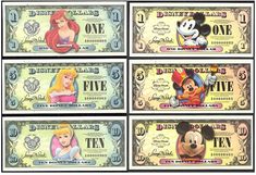 the disney and mickey mouse money is shown in four different styles, including one for each character