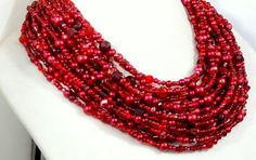 Red mega statement necklace, beaded scarf, multi strand, pearl and crystal,chunky, handmade, bib, bo Handmade Bib, Beaded Scarf, Blue Statement Necklace, Evening Jewelry, Crystal Statement Necklace, Necklace Beaded, White Necklace, Multi Strand, Jewelry Handmade