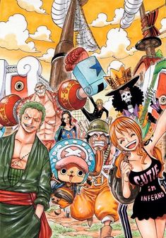 one piece characters are surrounded by other characters in an anime style scene that appears to be painted on canvas