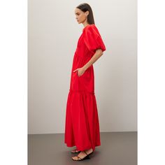 Red taffeta (100% Polyester). Lining (97% Polyester, 3% Spandex). A-line. Short sleeves. V-neck. Back zipper closure. 60" from shoulder to hemline. Imported. Hunter Bell, Rent The Runway, Tier Skirt, Closet Designs, Puff Sleeve, Red Carpet, Short Sleeves, V Neck, Maxi Dress