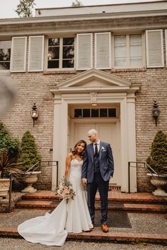 a bride and groom standing in front of a brick building