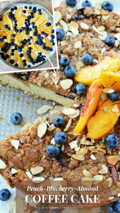 a cake with blueberries, peaches and almonds on it