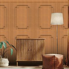 a living room scene with focus on the sideboard and floor lamp next to it