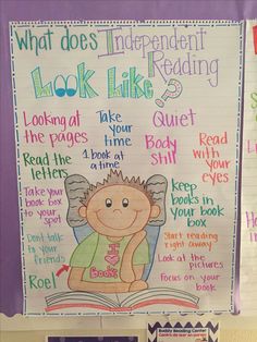 a bulletin board with an image of a child's book and the words what does independent reading look like?