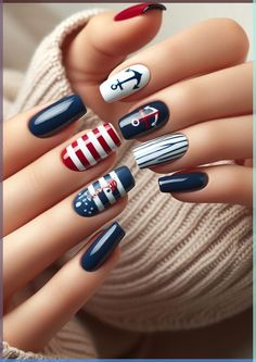 Indi Nails, Summer Nail Looks, Sailor Nails, Nautical Nail Designs, Nautical Nail Art, Navy Graduation, Nail Boutique, Nautical Nails, Matte Nail Art