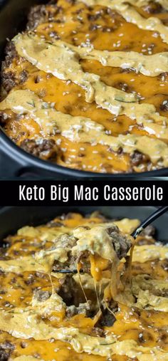 two images showing the process to make keto big mac casserole with cheese and ground beef