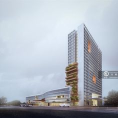 an architectural rendering of a building with trees growing on it