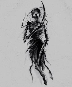 a black and white drawing of a skeleton holding a bow