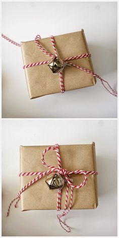 two pictures of wrapped presents tied with twine