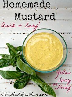 homemade mustard sauce in a glass bowl with basil sprigs on the side and text overlay