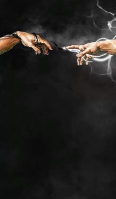 two hands reaching out to each other with lightning in the background