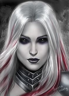 a woman with long white hair and black eyes wearing metal armor on her chest is looking at the camera