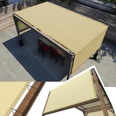 an overhead view of a patio with awnings and tables on the side walk