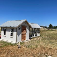 a small white shed sitting in the middle of a grass field next to a dog