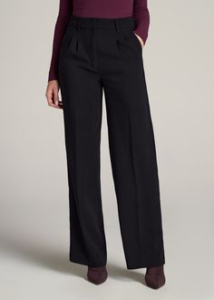 American-Tall-Women-Pleated-Dress-Pants-Black-front Black Womens Dress Pants, Official Pants For Ladies, Chic Black Semi-formal Pants, Fall Business Casual Wide-leg Dress Pants, Chic Semi-formal Bottoms For Fall, Formal Wide Leg Pants For Fall, Elegant Wide Leg Dress Pants For Work, Elegant Wide-leg Dress Pants For Workwear, Elegant Wide Leg Dress Pants For Business Casual