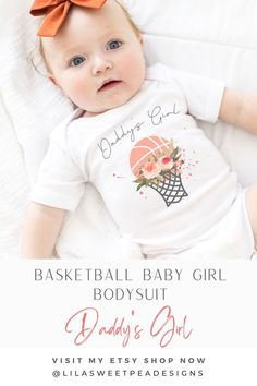 Daddy's Girl! This adorable basketball baby girl bodysuit is the ideal gift for a new parent who is a basketball lover! Perfect as a baby shower gift; as a baby announcement for Daddy ; Christmas gift, and without saying, during the basketball season. And of course: you can always buy it “just because” – your baby girl’s cute introduction to your favorite sport, Basketball. This sweet baby bodysuit will sure be a hit with your fellow basketball lovers ♥ Basketball Nursery, Nba Baby, Basketball Girls, Gifts For New Dads