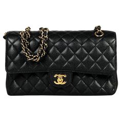 Chanel Black Caviar Leather 10" Medium Double Flap Classic Bag with Goldtone Hardware Made In: France Year of Production: 2021 Color: Black, gold Hardware: Goldtone Materials: Caviar leather, metal Lining: Black leather Closure/Opening: Flap top with CC twistlock and snap flap under Exterior Pockets: Half moon patch pocket Interior Pockets: Zipper pocket on top flap, back section under top flap, two wall pockets in middle section, front section Exterior Condition: Excellent pre-owned condition w