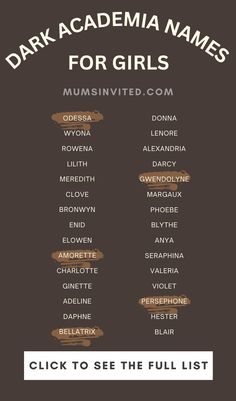 Are you on the hunt for aesthetic baby girl names that give off dark academia vibes? Check out the best baby names ideas for that dark library old book vibe. These mystical names are perfect for fictional fantasy characters, usernames and to complete your dark academia look, outfit and inspiration. You'll find dark academia unisex names, girl names and boy names with their meanings and origin in this list of baby names. writing. Character names. Aesthetic names. Mystical names. Fantasy Names. Dark Names Female, Academia Names, Dark Academia Names, Dark Names, Names Writing, Dark Academia Girl, Dark Library, Book Vibe, Unisex Names