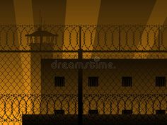 the prison fence at sunset with an observation tower in the background royalty illustration