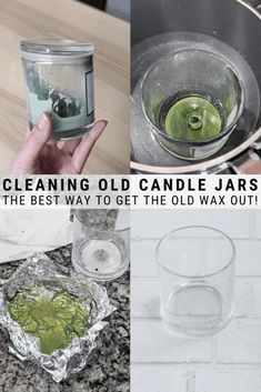 a collage of photos showing how to clean old candle jars and the best way to get them wax out