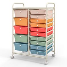 a multicolored storage rack with many drawers