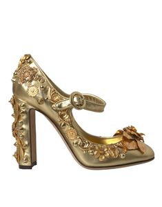 Dolce & Gabbana Baroque Embellished Pumps In Gold Shoes Bride, Zapatos Mary Jane, Mary Jane High Heels, Dolce Gabbana Shoes, Gold Pumps, Leather Floral, Mary Jane Pumps, Mary Jane Heels, Dolce E Gabbana