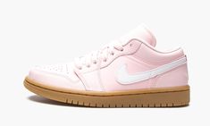 The Women’s Air Jordan 1 Low “Arctic Pinku002FGum” is yet another clean and casual colorway of Michael Jordan’s first signature shoe for women. Featuring a mostly pink monochromatic look, the “Arctic Pinku002FGum” makeup of the low-top Jordan 1 is most definitely a head-turner. As mentioned, the leather upper is dressed almost exclusively in Arctic Pink, save for the white Swoosh on both sides and the white “Wings” embroidery on the heel. Both the pink nylon tongue and pink shoe laces continue t Air Jordan 1 Low Purple, Jordan 1 Low Purple, Pink Shoe Laces, Wings Embroidery, Gum Shoes, Vapour Max Nike, Gymnastics Shoes, Shoe For Women, Low Top Jordans