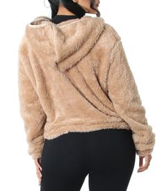 This cozy warm taupe faux fur teddy bear jacket has a super plushness inside and out with a lovely stretch fabric. Jacket has two front pockets that has a soft hand feel with center front zipper, hits at waist and a fixed hoodie. Material: 92% Polyester, 8% Spandex Sleeve Style: Long Sleeve Closure Style: Center Front Zipper Garment Length: Waist Length Soft Hooded Fall Outerwear, Comfy Soft Outerwear, Comfy Cozy Fit Soft Outerwear, Fluffy Hooded Cozy Outerwear, Cozy Fluffy Hooded Outerwear, Cozy Fur Coat With Faux Fur Lining, Comfy Fleece Outerwear With Soft Texture, Cozy Hooded Jacket With Faux Fur Lining, Cozy Long Sleeve Hooded Jacket With Faux Fur Lining