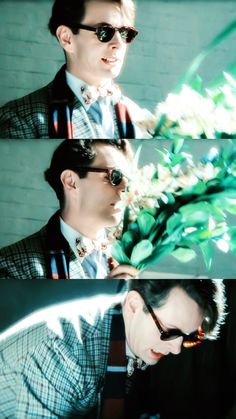 three different shots of a man with sunglasses and flowers in his hair, wearing a suit