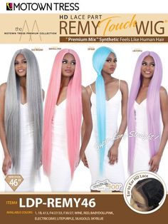 Remy Touch LDP-REMY46 Lace Part Wig. Premium mixed synthetic fibers. Feels like human hair. Colors shown is F4/27/33. Approximately 46 inches long. Hair is safe to curl or flat iron up to 400F. Comes with average size cap and adjustable straps. Cap comes with front and back combs. Manufactured by Motown Tress. Motown Tress Wigs, Back Combing, Hd Lace, Flat Iron, Hair Colors, Synthetic Fiber, Color Show, Long Hair, Human Hair