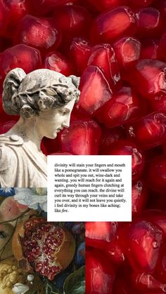 a collage of red apples with a statue in the middle and an article about pomegranates