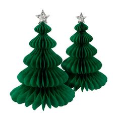 pair of green paper christmas tree earrings on white background