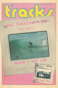 the front cover of tracks magazine with an image of a surfer on a pink background