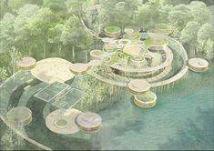 an artist's rendering of a park in the middle of a forest with lots of trees