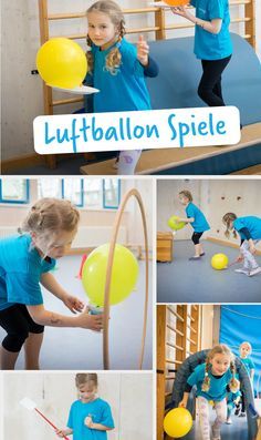 several photos of children playing with balloons and tennis rackets in a playroom at the school