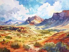 watercolor painting of mountains in the desert with blue sky and white clouds above them