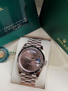 Rolex Day-Date 40 Listing: $44,330 Rolex Rose Gold Day-Date 40mm Chocolate Roman Dial and Fluted..., Reference number 228235-0002; Rose gold; Automatic; Condition New; Year 2023; Watch with origin Rolex Day Date Chocolate Dial, Rose Gold Rolex Men, Rolex Rose Gold, Trendy Watches, Rolex Watches For Men, Gold Luxury, Gold Watch Men, Luxury Timepieces, Rolex Watch