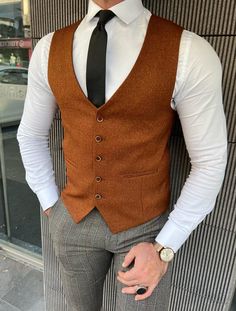 Rick Slim Fit Plaid Camel Vest | BOJONI Orange Vest Outfit Men, Brown Vest Men, Groomsmen Vest, Groom Vest, Wedding Vest, Plaid Vest, Wool Vest, Suit Fabric, Vest Fashion