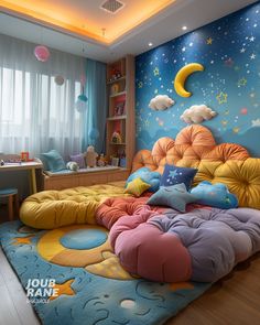 Create a dreamy escape with this starry night-themed bedroom! 🌙 The plush bed and celestial wall decor make bedtime magical. Ideal for inspiring sweet dreams and peaceful nights. #bedroomideas #homebedroomrefresh #kidsroom #RegionalNest Space Ceiling Bedroom, Sky Themed Bedroom, Baby Healthy Food, Unisex Bedroom, Colorful Room, Plush Bed, Kids Bedroom Inspiration, Children's Bedrooms, Kids Room Inspiration